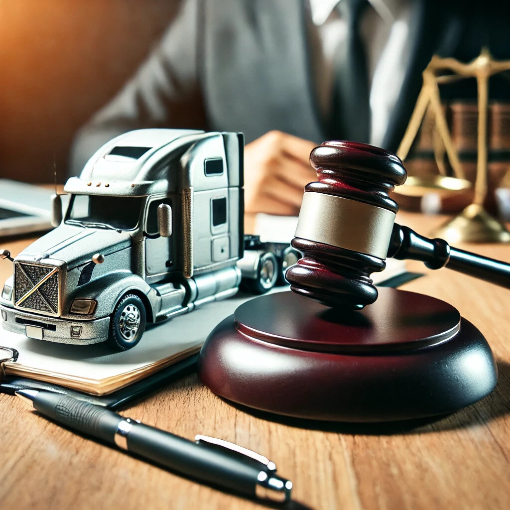 An image of a gavel on a semi-truck lawyer's desk in front of a model semi-truck.