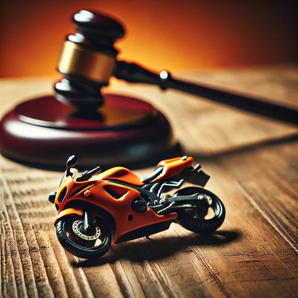 An image of a motorcycle on its side in front of a gavel representing a North Carolina motorcycle lawyer.